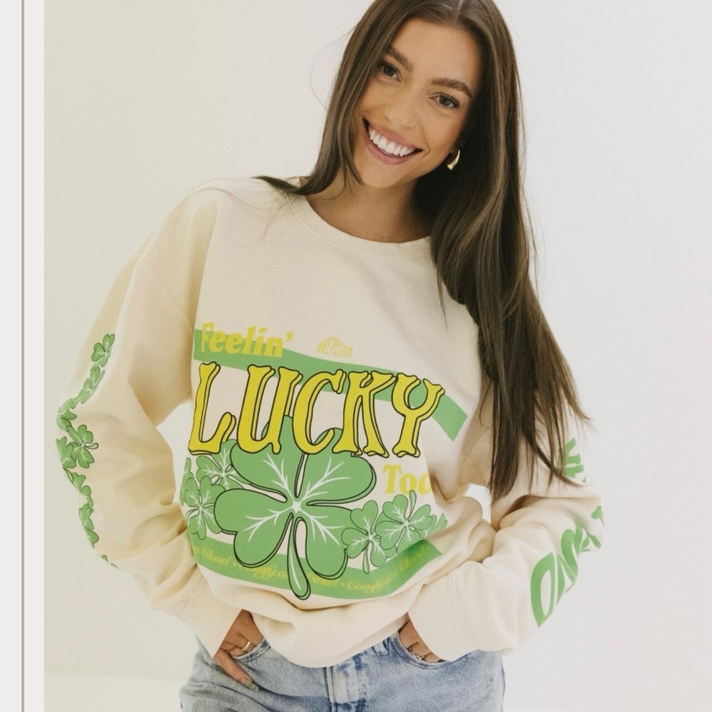 Mya Benway Lucky Graphic Cream And Green Sweatshirt St.Patricks Day